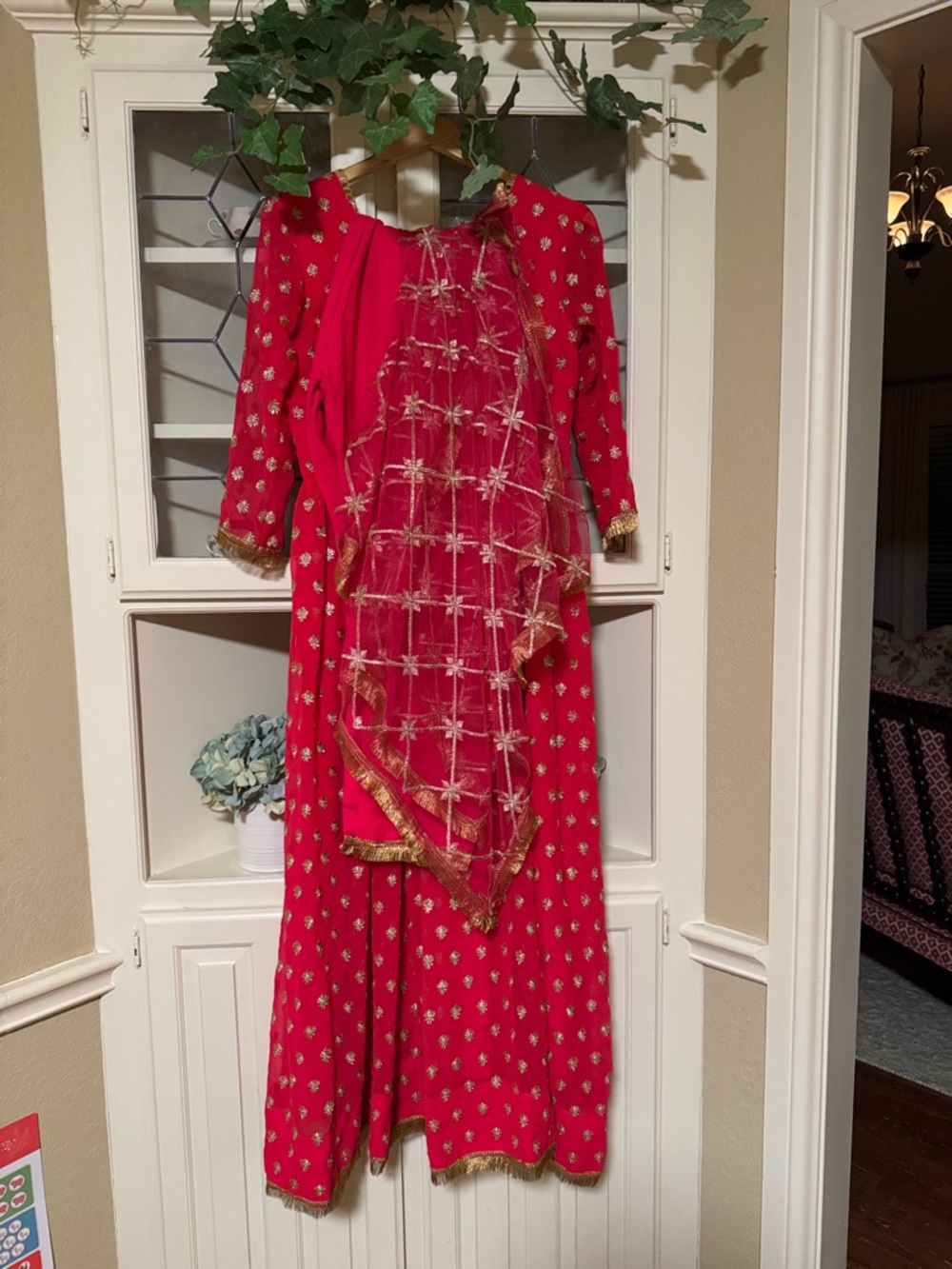 NEW!Red Embellished Saree Dress with Gold Fringe Cuffs, matching pants gold wrap